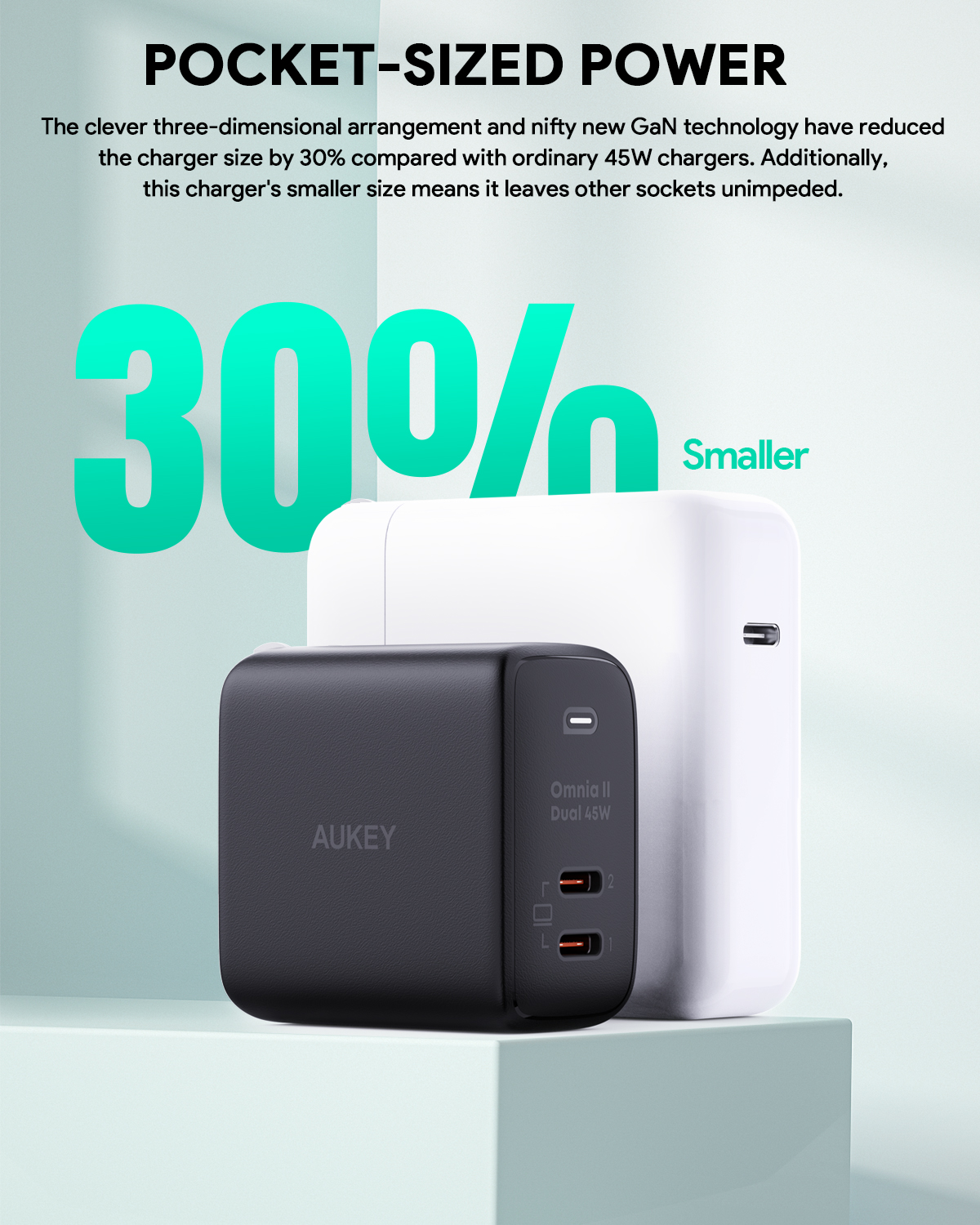 Aukey PA-B4T Củ sạc nhanh 2 cổng, chấu gập PD 45W Aukey PA-B4T Củ sạc nhanh 2 cổng, chấu gập PD 45W - • Model : PA-B4T • Màu sắc : Đen, Trắng • Công nghệ : Power Delivery 3.0 FAST CHARGE , GaN Chip , PPS , QC 3.0 • PD 3.0 Protocol Chip • Bảo vệ quá nhiệt • Bảo vệ quá dòng • Bảo vệ quá áp • Bảo vệ ngắn mạch • Chống sét • Tương thích với chuẩn sạc nhanh Apple và Samsung • Tự điều chỉnh dòng điện để tối ưu hoá công suất ttrong quá trình sạc • Nguồn vào : 100-240V ~ 50/60HZ 1.3A • Nguồn ra : 5V/3A , 9V/3A , 12V/3A , 15V/3A , 20V/2.25A ( 45W ) – PPS : 3.3-16V 3A – C1 / C2 : 45W – C1 + C2 : 20W + 25W – C2 + C1 : 25W + 20W • Công suất tối đa : 45W • Kích thước : 52 x 30 x 52mm • Trọng lượng : 111g • Bảo hành chính hãng 18 tháng • Hộp sản phẩm gồm : Sạc nhanh AUKEY PA – B4T , hướng dẫn sử dụng