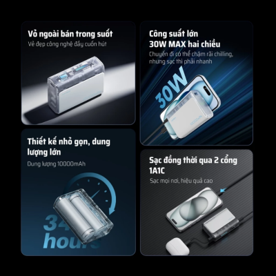 Pin sạc dự phòng Cuktech 10.000mAh Power Bank 30W (PB100S) - <strong>Cuktech 10.000mAh Power Bank 30W</strong> (PB100S) là định nghĩa mới về sự tiện lợi và hiệu năng. Với thiết kế siêu nhỏ gọn, chỉ nặng khoảng 195g, viên pin này là người bạn đồng hành lý tưởng cho cuộc sống năng động. Đừng để vẻ ngoài đánh lừa, sản phẩm sở hữu công suất sạc nhanh 2 chiều lên đến 30W, sạc đầy 58% pin iPhone 15 chỉ trong 30 phút. Tích hợp đầy đủ các công nghệ sạc nhanh tiên tiến như PD3.0, PPS, và QC3.0, viên pin tương thích hoàn hảo với mọi thiết bị từ iPhone, Samsung, Xiaomi đến cả MacBook Air. Hai cổng sạc (USB-C và USB-A) cùng chế độ sạc dòng thấp tiện lợi cho phụ kiện, <strong>Cuktech 10.000mAh Power Bank 30W</strong> chính là giải pháp năng lượng toàn diện, nhỏ gọn mà bạn luôn tìm kiếm.