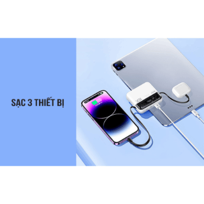 Sạc dự phòng REMAX RPP-602 10.000mAh sạc nhanh, có tích hợp 2 cáp sạc. - Bạn thường xuyên di chuyển và cần một nguồn năng lượng dự phòng đáng tin cậy cho thiết bị của mình? REMAX RPP-602 chính là lựa chọn hoàn hảo! Với dung lượng 10.000mAh mạnh mẽ, REMAX RPP-602 đảm bảo điện thoại của bạn luôn đầy pin. Điểm đặc biệt của sản phẩm là tích hợp sẵn 2 cáp sạc (Type-C và Lightning), giúp bạn sạc nhanh mọi loại thiết bị mà không cần mang theo dây cáp rườm rà. Thiết kế nhỏ gọn, sang trọng cùng công nghệ sạc nhanh tiên tiến, REMAX RPP-602 mang lại sự tiện lợi tối đa cho mọi chuyến đi, công tác hay sử dụng hàng ngày.