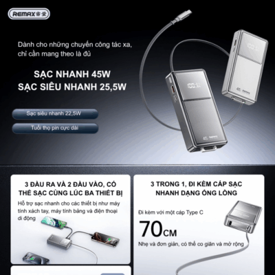 Sạc Dự Phòng Remax FCP-30 20.000mAh - Tích Hợp Cáp Type-C Sạc Dự Phòng Remax FCP-30 20.000mAh - Tích Hợp Cáp Type-C - Sạc dự phòng <strong>Remax FCP-30</strong> 20.000mAh mang đến giải pháp sạc di động hoàn hảo với dung lượng lớn và thiết kế tích hợp cáp Type-C tiện lợi. Bạn sẽ không còn phải lo quên cáp khi ra ngoài, bởi <strong>Remax FCP-30</strong> đã có sẵn. Hỗ trợ sạc nhanh, thiết bị này giúp nạp năng lượng cho nhiều thiết bị cùng lúc một cách hiệu quả. Với màn hình hiển thị pin rõ ràng và nhiều tính năng bảo vệ an toàn, <strong>Remax FCP-30</strong> là lựa chọn lý tưởng cho mọi chuyến đi và nhu cầu sử dụng hàng ngày.
