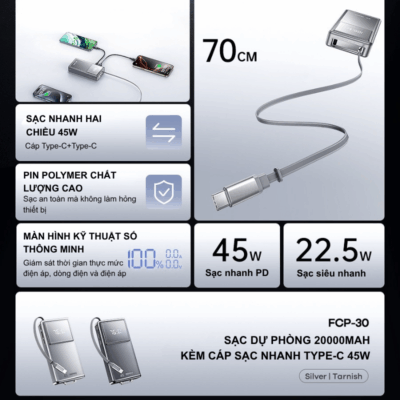 Sạc Dự Phòng Remax FCP-30 20.000mAh - Tích Hợp Cáp Type-C Sạc Dự Phòng Remax FCP-30 20.000mAh - Tích Hợp Cáp Type-C - Sạc dự phòng <strong>Remax FCP-30</strong> 20.000mAh mang đến giải pháp sạc di động hoàn hảo với dung lượng lớn và thiết kế tích hợp cáp Type-C tiện lợi. Bạn sẽ không còn phải lo quên cáp khi ra ngoài, bởi <strong>Remax FCP-30</strong> đã có sẵn. Hỗ trợ sạc nhanh, thiết bị này giúp nạp năng lượng cho nhiều thiết bị cùng lúc một cách hiệu quả. Với màn hình hiển thị pin rõ ràng và nhiều tính năng bảo vệ an toàn, <strong>Remax FCP-30</strong> là lựa chọn lý tưởng cho mọi chuyến đi và nhu cầu sử dụng hàng ngày.