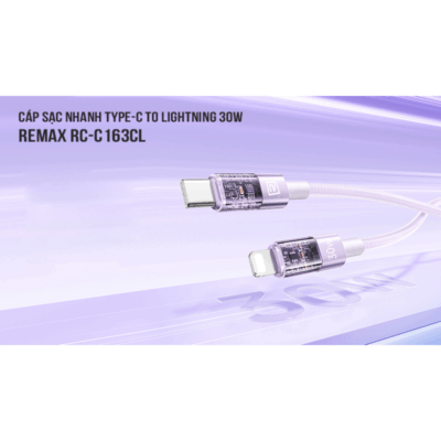 Cáp Sạc Nhanh Remax RC-C163 Type-C to Lightning 30W Dài 1.2M - Nâng tầm trải nghiệm sạc cho thiết bị Apple của bạn với cáp <strong>Remax RC-C163</strong> Type-C to Lightning 30W. Hỗ trợ sạc nhanh Power Delivery (PD) lên đến 30W, <strong>Remax RC-C163</strong> giúp nạp đầy năng lượng cho iPhone và iPad chỉ trong chớp mắt. Với thiết kế bọc dù siêu bền, chống đứt gãy và chống rối hiệu quả, <strong>Remax RC-C163</strong> đảm bảo tuổi thọ lâu dài. Tương thích hoàn hảo, truyền dữ liệu ổn định và an toàn tuyệt đối, <strong>Remax RC-C163</strong> là lựa chọn lý tưởng cho mọi nhu cầu sạc của bạn.