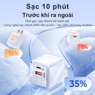 Củ Sạc Nhanh Remax RP-U93 GaN 33W - USB + Type-C, Nhỏ Gọn, Mạnh Mẽ Cho Mọi Thiết Bị Củ Sạc Nhanh Remax RP-U93 GaN 33W - USB + Type-C, Nhỏ Gọn, Mạnh Mẽ Cho Mọi Thiết Bị - Nâng cấp trải nghiệm sạc của bạn với củ sạc nhanh <strong>Remax RP-U93</strong> công nghệ GaN tiên tiến. Với công suất 33W và tích hợp cả cổng USB-A và Type-C, <strong>Remax RP-U93</strong> cho phép sạc siêu tốc cho điện thoại, máy tính bảng và laptop nhỏ gọn. Nhờ công nghệ GaN, <strong>Remax RP-U93</strong> có kích thước nhỏ gọn đáng kinh ngạc nhưng vẫn cực kỳ mạnh mẽ và an toàn. Đây là giải pháp sạc đa năng, hiệu quả và tiện lợi, lý tưởng cho mọi chuyến đi và nhu cầu sử dụng hàng ngày.