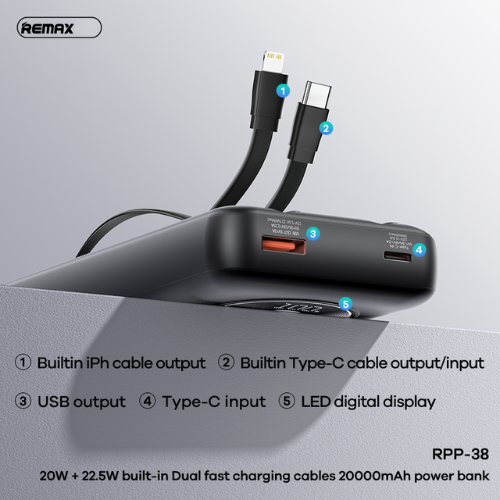 Sạc Dự Phòng Remax RPP-38, 20000mAh, Sạc Nhanh 22.5W, Kèm 2 Cáp Type-C Và Lightning Sạc Dự Phòng Remax RPP-38, 20000mAh, Sạc Nhanh 22.5W, Kèm 2 Cáp Type-C Và Lightning - Hình ảnh 5