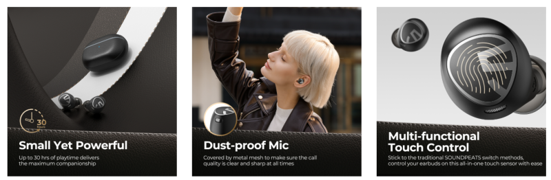 Tai nghe Bluetooth True Wireless Soundpeats Free2 Classic, In-ear, Driver 6mm, Pin 30H, IPX5, Bluetooth 5.1, ENC, Cảm ứng Tai nghe Bluetooth True Wireless Soundpeats Free2 Classic, In-ear, Driver 6mm, Pin 30H, IPX5, Bluetooth 5.1, ENC, Cảm ứng - Tai nghe <strong>Soundpeats Free2 Classic</strong> với thiết kế in-ear thời thượng, vỏ case khắc laser, driver 6mm, âm thanh sắc nét, codec AAC/SBC. Pin 8H (tai nghe), 30H (với hộp sạc), sạc USB-C. IPX5 chống nước, micro chống bụi ENC, Bluetooth 5.1. Điều khiển cảm ứng tiện lợi. Bảo hành 12 tháng, phù hợp nghe nhạc, đàm thoại, thể thao.