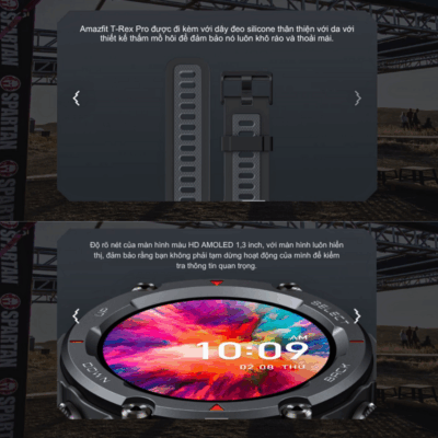 Đồng hồ thông minh Amazfit T-Rex Pro - Bền bỉ vượt giới hạn, chinh phục mọi thử thách Đồng hồ thông minh Amazfit T-Rex Pro - Bền bỉ vượt giới hạn, chinh phục mọi thử thách - Chinh phục mọi địa hình với <strong>Amazfit T-Rex Pro</strong>, chiếc đồng hồ thông minh được thiết kế dành riêng cho những nhà thám hiểm thực thụ. Với khả năng chống nước 10 ATM, đạt 15 tiêu chuẩn quân đội Mỹ MIL-STD-810G, <strong>Amazfit T-Rex Pro</strong> tự tin đồng hành cùng bạn trong mọi cuộc phiêu lưu. Tích hợp định vị GPS, đo nhịp tim, SpO2, theo dõi giấc ngủ và hơn 100 chế độ thể thao, chiếc đồng hồ này là trợ thủ đắc lực giúp bạn vượt qua mọi giới hạn. Pin siêu bền lên đến 18 ngày cho bạn thoải mái khám phá mà không lo hết năng lượng.