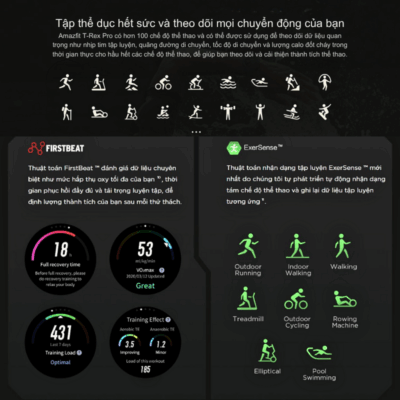 Đồng hồ thông minh Amazfit T-Rex Pro - Bền bỉ vượt giới hạn, chinh phục mọi thử thách Đồng hồ thông minh Amazfit T-Rex Pro - Bền bỉ vượt giới hạn, chinh phục mọi thử thách - Chinh phục mọi địa hình với <strong>Amazfit T-Rex Pro</strong>, chiếc đồng hồ thông minh được thiết kế dành riêng cho những nhà thám hiểm thực thụ. Với khả năng chống nước 10 ATM, đạt 15 tiêu chuẩn quân đội Mỹ MIL-STD-810G, <strong>Amazfit T-Rex Pro</strong> tự tin đồng hành cùng bạn trong mọi cuộc phiêu lưu. Tích hợp định vị GPS, đo nhịp tim, SpO2, theo dõi giấc ngủ và hơn 100 chế độ thể thao, chiếc đồng hồ này là trợ thủ đắc lực giúp bạn vượt qua mọi giới hạn. Pin siêu bền lên đến 18 ngày cho bạn thoải mái khám phá mà không lo hết năng lượng.