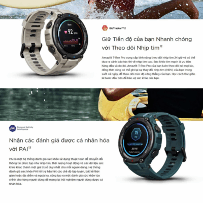 Đồng hồ thông minh Amazfit T-Rex Pro - Bền bỉ vượt giới hạn, chinh phục mọi thử thách Đồng hồ thông minh Amazfit T-Rex Pro - Bền bỉ vượt giới hạn, chinh phục mọi thử thách - Chinh phục mọi địa hình với <strong>Amazfit T-Rex Pro</strong>, chiếc đồng hồ thông minh được thiết kế dành riêng cho những nhà thám hiểm thực thụ. Với khả năng chống nước 10 ATM, đạt 15 tiêu chuẩn quân đội Mỹ MIL-STD-810G, <strong>Amazfit T-Rex Pro</strong> tự tin đồng hành cùng bạn trong mọi cuộc phiêu lưu. Tích hợp định vị GPS, đo nhịp tim, SpO2, theo dõi giấc ngủ và hơn 100 chế độ thể thao, chiếc đồng hồ này là trợ thủ đắc lực giúp bạn vượt qua mọi giới hạn. Pin siêu bền lên đến 18 ngày cho bạn thoải mái khám phá mà không lo hết năng lượng.