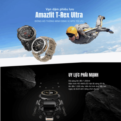 Đồng hồ thông minh Amazfit T-Rex Ultra - Đỉnh cao bền bỉ, hiệu suất vượt trội, chinh phục mọi giới hạn Đồng hồ thông minh Amazfit T-Rex Ultra - Đỉnh cao bền bỉ, hiệu suất vượt trội, chinh phục mọi giới hạn - Khám phá sức mạnh vô hạn cùng <strong>Amazfit T-Rex Ultra</strong>, chiếc đồng hồ thông minh siêu cao cấp dành cho những nhà thám hiểm chuyên nghiệp. Với thiết kế bằng thép không gỉ, đạt 15 tiêu chuẩn quân đội MIL-STD-810H và khả năng chống nước 10 ATM, <strong>Amazfit T-Rex Ultra</strong> thách thức mọi môi trường. Tích hợp định vị GNSS băng tần kép cực kỳ chính xác, màn hình AMOLED sắc nét, thời lượng pin siêu khủng và khả năng hoạt động ở -30°C. Theo dõi sức khỏe toàn diện và hơn 160 chế độ thể thao, <strong>Amazfit T-Rex Ultra</strong> là công cụ tối thượng giúp bạn chinh phục mọi đỉnh cao.