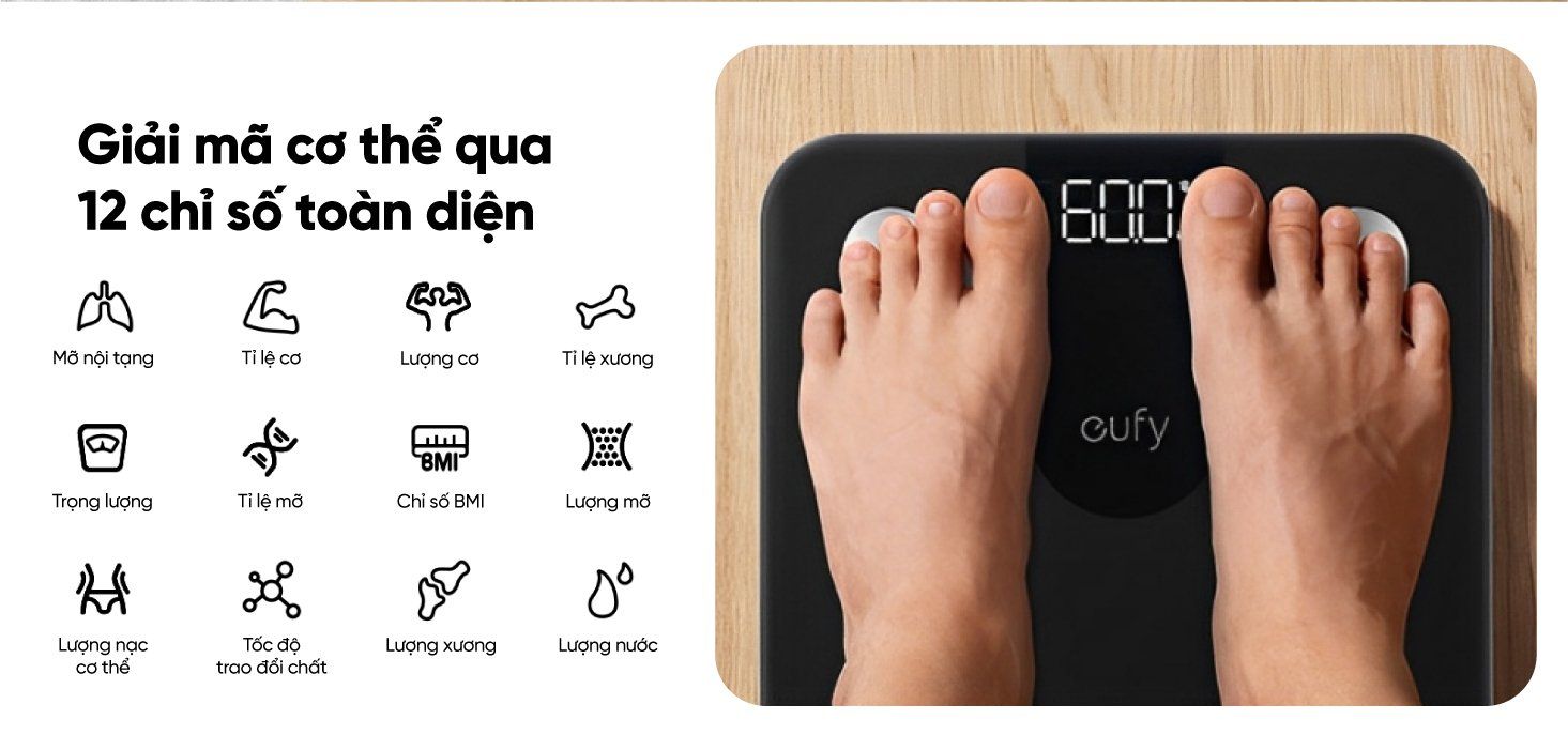 Cân Điện Tử Thông Minh Eufy A1 - Theo Dõi Sức Khỏe Toàn Diện, Chính Xác Cân Điện Tử Thông Minh Eufy A1 - Theo Dõi Sức Khỏe Toàn Diện, Chính Xác - Khám phá ngay <strong>Cân điện tử thông minh eufy A1</strong>, trợ lý sức khỏe đắc lực cho cả gia đình bạn. Với thiết kế tinh tế, mặt kính cường lực sang trọng, <strong>eufy A1</strong> không chỉ là một chiếc cân mà còn là thiết bị theo dõi sức khỏe toàn diện. Sản phẩm có khả năng phân tích đến 12 chỉ số cơ thể quan trọng như cân nặng, BMI, tỷ lệ mỡ, khối lượng xương, cơ... Dữ liệu được đồng bộ hóa dễ dàng qua Bluetooth với ứng dụng EufyLife, tương thích với các ứng dụng sức khỏe phổ biến khác như Apple Health, Google Fit. Với khả năng lưu trữ dữ liệu cho 16 người dùng, <strong>eufy A1</strong> là lựa chọn hoàn hảo để mọi thành viên cùng nhau xây dựng lối sống lành mạnh.