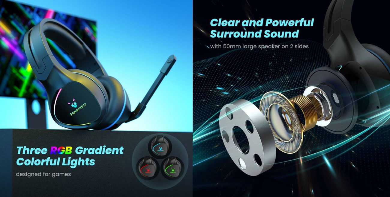 Tai nghe chụp tai Gaming SoundPEATS G1, Driver 50mm, 3D Audio, Pin 20H (USB), IPX4, Jack 3.5mm/USB, Mic xoay, RGB LED tai nghe chơi game SoundPEATS gamer no1