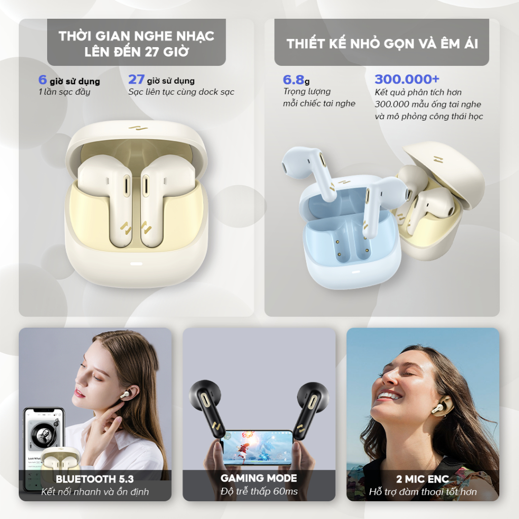 Tai Nghe True Wireless HAVIT TW905, Bluetooth 5.3, 2 Mic ENC, Nghe Nhạc Đến 27H Tai Nghe True Wireless HAVIT TW905, Bluetooth 5.3, 2 Mic ENC, Nghe Nhạc Đến 27H - Trải nghiệm sự tự do không dây và giao tiếp trong trẻo với tai nghe True Wireless <strong>HAVIT TW905</strong>. Được trang bị công nghệ kết nối Bluetooth 5.3 thế hệ mới, sản phẩm đảm bảo tín hiệu ổn định và ghép nối tức thì. Nổi bật với hệ thống 2 micro ENC khử ồn môi trường, giúp giọng nói của bạn luôn to, rõ ràng trong mọi cuộc gọi. Tận hưởng chất âm cân bằng và thời lượng pin bền bỉ lên đến 27 giờ khi dùng cùng hộp sạc. Với thiết kế công thái học nhỏ gọn, mang lại cảm giác đeo thoải mái suốt cả ngày, <strong>HAVIT TW905</strong> là lựa chọn thông minh cho nhu cầu làm việc, học tập và giải trí hàng ngày.