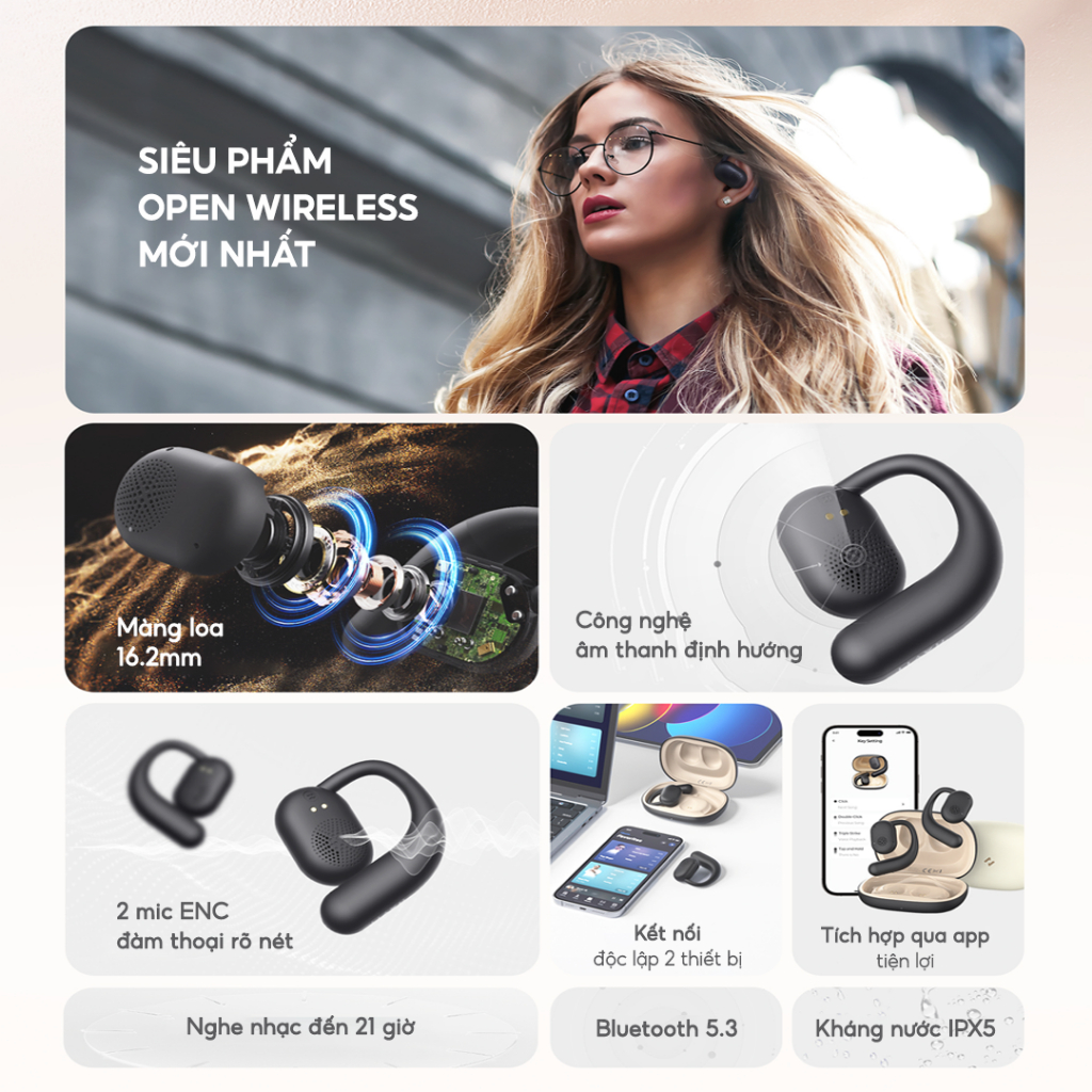 Tai Nghe Open Wireless OWS Fit 1, BT 5.3, Driver 16.2mm, Thiết Kế Open-ear, IPX5, Nghe Đến 21H - Hàng Chính Hãng Tai Nghe Open Wireless OWS Fit 1, BT 5.3, Driver 16.2mm, Thiết Kế Open-ear, IPX5, Nghe Đến 21H - Hàng Chính Hãng - Giải phóng bản thân khỏi sự bí bách và tách biệt của tai nghe truyền thống với <strong>Open Wireless OWS Fit 1</strong>. Được thiết kế dành cho người năng động, sản phẩm sở hữu thiết kế mở (Open-Ear) độc đáo, giúp bạn vừa tận hưởng âm nhạc vừa nhận biết môi trường xung quanh, đảm bảo an toàn tối đa. Trải nghiệm chất âm bùng nổ chưa từng có từ màng loa siêu lớn 16.2mm. Móc tai silicon bám chắc, chống rơi rớt cùng chuẩn chống nước IPX5 giúp bạn tự tin chinh phục mọi buổi tập. Với kết nối Bluetooth 5.3 ổn định và tổng thời lượng pin 21 giờ, <strong>Open Wireless OWS Fit 1</strong> là người bạn đồng hành không thể thiếu cho một lối sống lành mạnh và tự do.