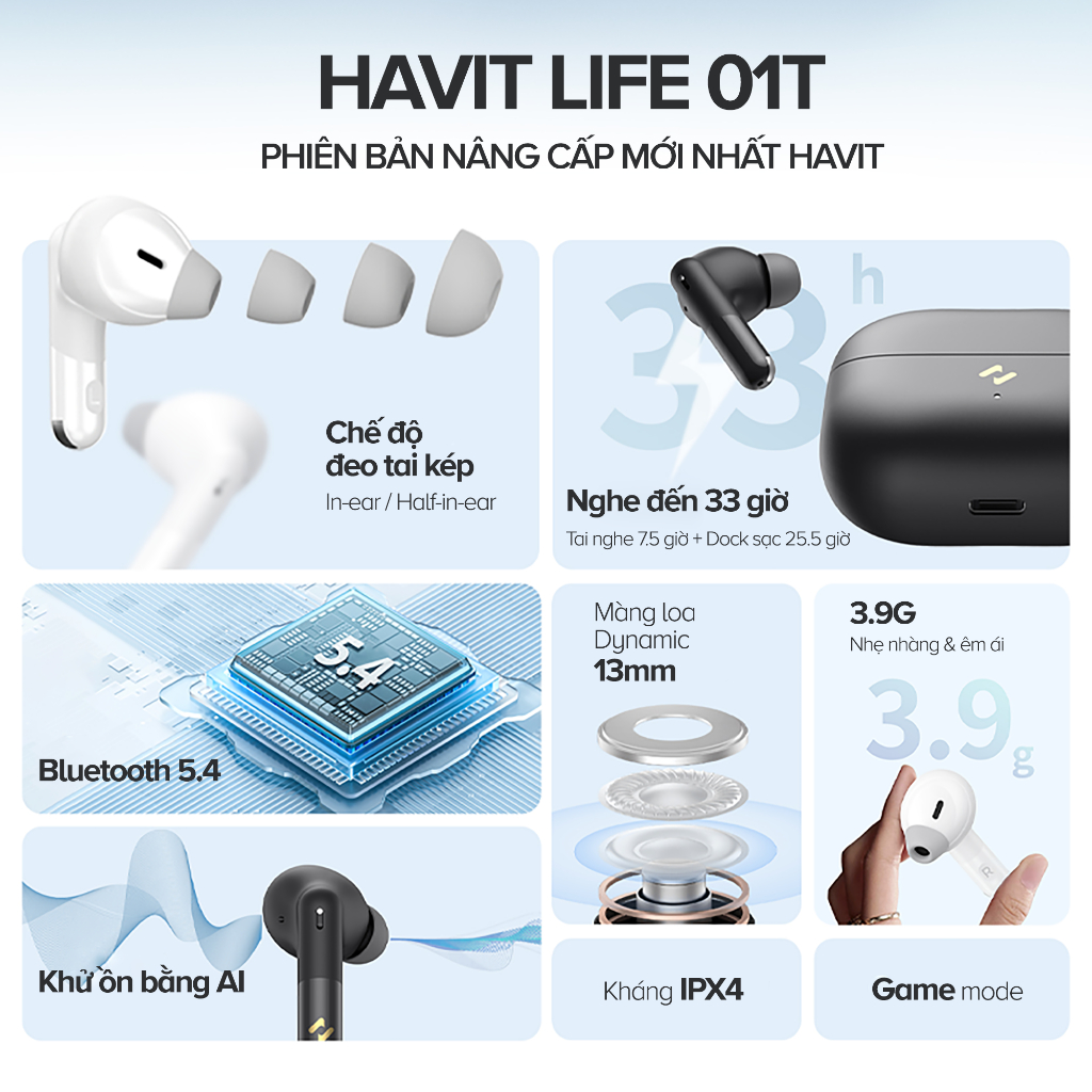 Tai Nghe True Wireless HAVIT LIFE 01T, Bluetooth 5, AI Khử Ồn, Nghe Đến 33H - Hàng Chính Hãng Tai Nghe True Wireless HAVIT LIFE 01T, Bluetooth 5, AI Khử Ồn, Nghe Đến 33H - Hàng Chính Hãng - Tận hưởng âm thanh tự do và những cuộc gọi trong trẻo với tai nghe True Wireless <strong>HAVIT LIFE 01T</strong>. Sản phẩm là sự kết hợp hoàn hảo giữa công nghệ và thời lượng pin, nổi bật với tính năng khử ồn cuộc gọi bằng thuật toán AI, giúp lọc bỏ tạp âm môi trường hiệu quả để giọng nói của bạn luôn rõ ràng. Đắm chìm trong âm nhạc cả ngày dài với thời lượng pin khủng lên đến 33 giờ khi dùng cùng hộp sạc. Kết nối Bluetooth 5.4 ổn định đảm bảo trải nghiệm không dây liền mạch. Với thiết kế ergonomic vừa vặn, điều khiển cảm ứng thông minh, <strong>HAVIT LIFE 01T</strong> là người bạn đồng hành lý tưởng cho công việc, học tập và giải trí mỗi ngày.