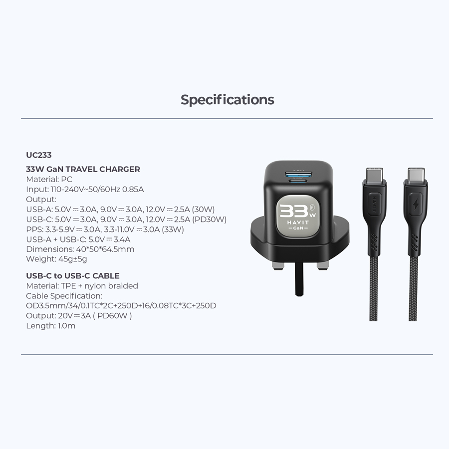 Combo Cốc - Cáp Sạc Nhanh HAVIT UC233, Sạc Nhanh PD 30W + USB-A 30W, Cáp C-C PD 60W - BH 12 Tháng Combo Cốc - Cáp Sạc Nhanh HAVIT UC233, Sạc Nhanh PD 30W + USB-A 30W, Cáp C-C PD 60W - BH 12 Tháng - Nâng cấp toàn diện trải nghiệm sạc của bạn với combo cốc cáp sạc nhanh <strong>HAVIT UC233</strong>. Bộ sản phẩm "tất cả trong một" này bao gồm củ sạc 2 cổng mạnh mẽ (USB-C PD 30W và USB-A 30W) cùng sợi cáp Type-C to Type-C hỗ trợ công suất đến 60W. Sạc nhanh cho hai thiết bị cùng lúc, từ iPhone, Samsung cho đến cả MacBook Air. Cáp bọc dù siêu bền, chống rối và chống đứt gãy, đảm bảo tuổi thọ vượt trội. Tích hợp chip thông minh bảo vệ an toàn tuyệt đối cho thiết bị của bạn. Với chính sách bảo hành 12 tháng, <strong>HAVIT UC233</strong> là giải pháp năng lượng mạnh mẽ, tiện lợi và đáng tin cậy nhất.