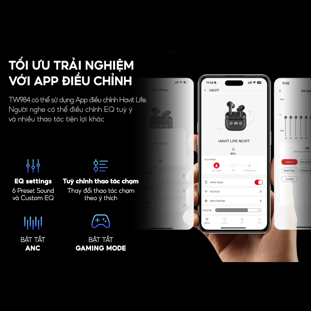 Tai Nghe Chống Ồn HAVIT LIFE NC01T | ANC & 4 Mic ENC, Bluetooth 5.4, Độ Trễ 55ms | Pin 35 Giờ, App Control, Chính Hãng Tai Nghe Chống Ồn HAVIT LIFE NC01T | ANC & 4 Mic ENC, Bluetooth 5.4, Độ Trễ 55ms | Pin 35 Giờ, App Control, Chính Hãng - Làm chủ không gian âm thanh của bạn với tai nghe True Wireless <strong>HAVIT LIFE NC01T</strong>. Đây là cỗ máy công nghệ thực thụ, trang bị khả năng chống ồn kép: ANC chủ động loại bỏ tạp âm môi trường khi nghe nhạc, và 4 mic ENC lọc ồn hiệu quả cho những cuộc gọi trong trẻo. Trải nghiệm kết nối không dây hoàn hảo với Bluetooth 5.4 mới nhất, ổn định và tiết kiệm năng lượng. Chế độ Gaming Mode 55ms mang lại lợi thế chiến thuật trong mọi trận game. Tận hưởng chất âm sống động và thời lượng pin bền bỉ đến 24 giờ. Kết nối với App để tùy chỉnh, <strong>HAVIT LIFE NC01T</strong> là lựa chọn tối thượng cho công việc, giải trí và giao tiếp.