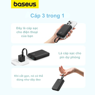 Pin Sạc Dự Phòng Baseus Magnetic Mini Power Bank 10000mAh Sạc Không Dây Từ Tính Tích Hợp Cáp – Chính Hãng Baseus Magnetic Mini Power Bank PPCXM10I