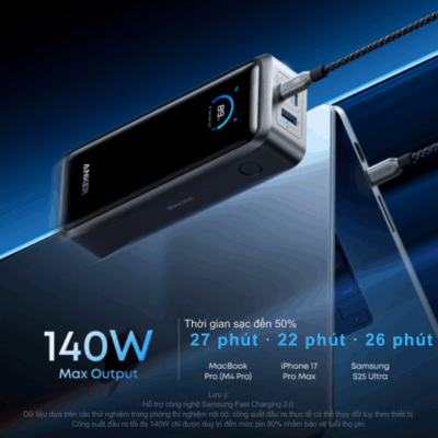 Pin Dự Phòng Anker Prime 26000mAh 300W Siêu Nhanh – Anker Prime A110A Chính Hãng Pin Dự Phòng Anker Prime 26000mAh 300W Siêu Nhanh – Anker Prime A110A Chính Hãng - Đánh thức mọi tiềm năng thiết bị của bạn với <strong>Anker Prime A110A</strong> – biểu tượng mới của sức mạnh và công nghệ sạc nhanh. Với dung lượng khổng lồ 26.000mAh và tổng công suất đầu ra đột phá lên tới 300W, sản phẩm này được thiết kế để sạc siêu tốc cho mọi dòng Laptop hiệu năng cao, MacBook Pro và các thiết bị di động mới nhất. <strong>Anker Prime A110A</strong> sở hữu màn hình kỹ thuật số thông minh, hiển thị chi tiết thông số sạc theo thời gian thực và tích hợp kết nối ứng dụng qua Bluetooth để quản lý pin dễ dàng. Được trang bị hệ thống an toàn ActiveShield 2.0 tiên tiến, <strong>Anker Prime A110A</strong> chính là trạm năng lượng di động tối thượng, đảm bảo bạn luôn sẵn sàng cho mọi thử thách công việc và giải trí dù ở bất cứ đâu.
