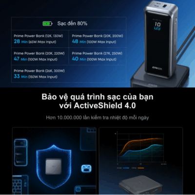 Đế Sạc Nhanh Anker 2C1A 150W Cho Pin Dự Phòng Prime – Anker A1903 Chính Hãng - Nâng tầm trải nghiệm sạc không dây cho pin dự phòng với <strong>Anker A1903</strong>, giải pháp năng lượng "một chạm" đỉnh cao dành cho hệ sinh thái Anker Prime. Với tổng công suất đầu ra ấn tượng lên đến 150W, <strong>Anker A1903</strong> không chỉ là đế sạc tiếp điểm (Pogo pin) giúp nạp đầy lại pin dự phòng trong chớp mắt mà còn hoạt động như một củ sạc bàn đa năng với 2 cổng USB-C và 1 cổng USB-A. Thiết kế nhỏ gọn, tinh tế của <strong>Anker A1903</strong> giúp tối ưu hóa không gian làm việc, loại bỏ sự rườm rà của dây cáp. Được trang bị công nghệ GaN tiên tiến và hệ thống an toàn đa lớp, đây là phụ kiện không thể thiếu để duy trì năng lượng cho cả Laptop, điện thoại và pin dự phòng của bạn mọi lúc mọi nơi.