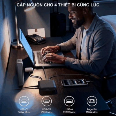 Đế Sạc Nhanh Anker 2C1A 150W Cho Pin Dự Phòng Prime – Anker A1903 Chính Hãng - Nâng tầm trải nghiệm sạc không dây cho pin dự phòng với <strong>Anker A1903</strong>, giải pháp năng lượng "một chạm" đỉnh cao dành cho hệ sinh thái Anker Prime. Với tổng công suất đầu ra ấn tượng lên đến 150W, <strong>Anker A1903</strong> không chỉ là đế sạc tiếp điểm (Pogo pin) giúp nạp đầy lại pin dự phòng trong chớp mắt mà còn hoạt động như một củ sạc bàn đa năng với 2 cổng USB-C và 1 cổng USB-A. Thiết kế nhỏ gọn, tinh tế của <strong>Anker A1903</strong> giúp tối ưu hóa không gian làm việc, loại bỏ sự rườm rà của dây cáp. Được trang bị công nghệ GaN tiên tiến và hệ thống an toàn đa lớp, đây là phụ kiện không thể thiếu để duy trì năng lượng cho cả Laptop, điện thoại và pin dự phòng của bạn mọi lúc mọi nơi.
