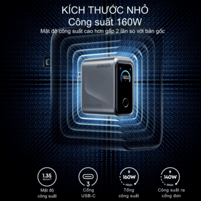 Củ Sạc Nhanh Anker Prime 160W 3 Cổng USB-C – Anker Prime A2687 GaN Chính Hãng Củ Sạc Nhanh Anker Prime 160W 3 Cổng USB-C – Anker Prime A2687 GaN Chính Hãng - Trải nghiệm tốc độ sạc vượt giới hạn với <strong>Anker Prime A2687</strong>, củ sạc tường thế hệ mới sở hữu tổng công suất lên đến 160W. Được thiết kế dành cho người dùng chuyên nghiệp, <strong>Anker Prime A2687</strong> trang bị 3 cổng USB-C, cho phép sạc nhanh đồng thời máy tính xách tay, máy tính bảng và điện thoại thông minh. Ứng dụng công nghệ GaNPrime™ độc quyền và hệ thống an toàn ActiveShield™ 2.0, sản phẩm không chỉ nhỏ gọn hơn 50% so với bộ sạc truyền thống mà còn đảm bảo an toàn tuyệt đối. Với khả năng sạc MacBook Pro 16 inch lên 50% chỉ trong 28 phút, <strong>Anker Prime A2687</strong> chính là giải pháp năng lượng tối thượng cho mọi hành trình của bạn.