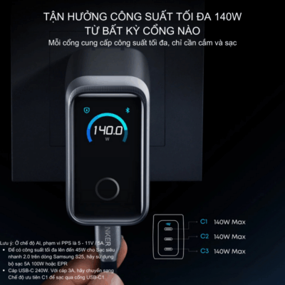 Củ Sạc Nhanh Anker Prime 160W 3 Cổng USB-C – Anker Prime A2687 GaN Chính Hãng Củ Sạc Nhanh Anker Prime 160W 3 Cổng USB-C – Anker Prime A2687 GaN Chính Hãng - Trải nghiệm tốc độ sạc vượt giới hạn với <strong>Anker Prime A2687</strong>, củ sạc tường thế hệ mới sở hữu tổng công suất lên đến 160W. Được thiết kế dành cho người dùng chuyên nghiệp, <strong>Anker Prime A2687</strong> trang bị 3 cổng USB-C, cho phép sạc nhanh đồng thời máy tính xách tay, máy tính bảng và điện thoại thông minh. Ứng dụng công nghệ GaNPrime™ độc quyền và hệ thống an toàn ActiveShield™ 2.0, sản phẩm không chỉ nhỏ gọn hơn 50% so với bộ sạc truyền thống mà còn đảm bảo an toàn tuyệt đối. Với khả năng sạc MacBook Pro 16 inch lên 50% chỉ trong 28 phút, <strong>Anker Prime A2687</strong> chính là giải pháp năng lượng tối thượng cho mọi hành trình của bạn.