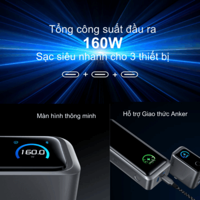 Củ Sạc Nhanh Anker Prime 160W 3 Cổng USB-C – Anker Prime A2687 GaN Chính Hãng Củ Sạc Nhanh Anker Prime 160W 3 Cổng USB-C – Anker Prime A2687 GaN Chính Hãng - Trải nghiệm tốc độ sạc vượt giới hạn với <strong>Anker Prime A2687</strong>, củ sạc tường thế hệ mới sở hữu tổng công suất lên đến 160W. Được thiết kế dành cho người dùng chuyên nghiệp, <strong>Anker Prime A2687</strong> trang bị 3 cổng USB-C, cho phép sạc nhanh đồng thời máy tính xách tay, máy tính bảng và điện thoại thông minh. Ứng dụng công nghệ GaNPrime™ độc quyền và hệ thống an toàn ActiveShield™ 2.0, sản phẩm không chỉ nhỏ gọn hơn 50% so với bộ sạc truyền thống mà còn đảm bảo an toàn tuyệt đối. Với khả năng sạc MacBook Pro 16 inch lên 50% chỉ trong 28 phút, <strong>Anker Prime A2687</strong> chính là giải pháp năng lượng tối thượng cho mọi hành trình của bạn.