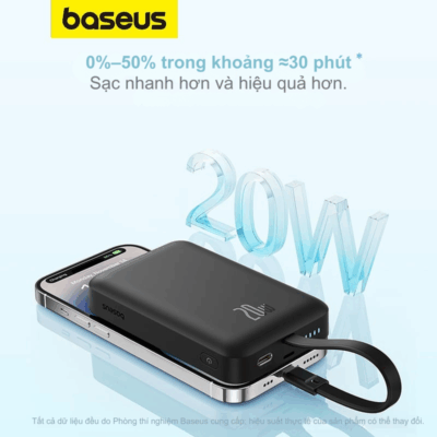 Pin Sạc Dự Phòng Baseus Magnetic Mini Power Bank 10000mAh Sạc Không Dây Từ Tính Tích Hợp Cáp – Chính Hãng Pin Sạc Dự Phòng Baseus Magnetic Mini Power Bank 10000mAh Sạc Không Dây Từ Tính Tích Hợp Cáp – Chính Hãng - Giải phóng bản thân khỏi những sợi dây cáp rối rắm với Baseus Magnetic Mini Power Bank, giải pháp năng lượng di động 2-trong-1 hoàn hảo cho người dùng iPhone và các thiết bị hỗ trợ sạc không dây. Với dung lượng 10.000mAh trong một thân hình nhỏ gọn, sản phẩm này dễ dàng nằm gọn trong lòng bàn tay hoặc gắn chặt vào mặt lưng điện thoại nhờ lực hút từ tính siêu mạnh. Điểm đặc biệt của phiên bản Baseus Magnetic Mini Power Bank này là được tích hợp sẵn cáp sạc nhanh tiện lợi, cho phép bạn sạc đa năng cả không dây và có dây mọi lúc mọi nơi. Hỗ trợ sạc nhanh PD 20W/30W và sạc không dây chuẩn Qi, đây là phụ kiện không thể thiếu cho những chuyến đi dài ngày.