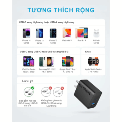 Bộ Củ Sạc B2348 Anker 20W 2 Cổng (1C1A) Kèm Cáp Type-C Dài 1.5m - (PowerIQ™ 3.0, ActiveShield™, MultiProtect™) Bộ Củ Sạc B2348 Anker 20W 2 Cổng (1C1A) Kèm Cáp Type-C Dài 1.5m - (PowerIQ™ 3.0, ActiveShield™, MultiProtect™) - Sỡ hữu ngay <strong>Củ sạc B2348</strong> đến từ thương hiệu Anker danh tiếng, giải pháp sạc năng lượng "tất cả trong một" dành cho các tín đồ công nghệ. Bộ sản phẩm bao gồm một củ sạc nhanh công suất 20W mạnh mẽ và một cáp sạc Type-C to Type-C dài 1.5m siêu bền. Điểm nổi bật của <strong>Củ sạc B2348</strong> chính là thiết kế 2 cổng thông minh (1 USB-C và 1 USB-A), cho phép bạn sạc cùng lúc hai thiết bị khác nhau mà vẫn đảm bảo tốc độ ổn định. Được trang bị công nghệ PowerIQ độc quyền và hệ thống an toàn MultiProtect, sản phẩm không chỉ giúp rút ngắn thời gian sạc mà còn bảo vệ tối đa cho pin và thiết bị của bạn khỏi tình trạng quá nhiệt hay quá dòng.