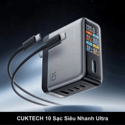 Củ Sạc Nhanh CukTech 10 Ultra GaN 120W Super Charger (AD1204U) Củ Sạc Nhanh CukTech 10 Ultra GaN 120W Super Charger (AD1204U) - <strong>CukTech 10 Ultra GaN 120W Super Charger</strong> là củ sạc nhanh đỉnh cao, kết hợp công nghệ GaN tiên tiến và công suất 120W mạnh mẽ trong một thiết kế cực kỳ nhỏ gọn. Với nhiều cổng sạc thông minh (thường là USB-C và USB-A), <strong>CukTech 10 Ultra GaN 120W Super Charger</strong> có khả năng sạc siêu tốc cho laptop, máy tính bảng, điện thoại và các thiết bị khác đồng thời. Công nghệ GaN giúp củ sạc hoạt động mát mẻ, hiệu quả và bền bỉ. Đây là giải pháp năng lượng tối ưu cho mọi người dùng công nghệ, từ dân văn phòng đến game thủ, cần một củ sạc mạnh mẽ và tiện lợi. Trải nghiệm tương lai của sạc nhanh với <strong>CukTech 10 Ultra GaN 120W Super Charger.</strong>