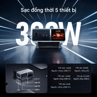 Trạm Sạc CukTech 30 Ultra 300W GaN Desktop Charger (TA3005U) Trạm Sạc CukTech 30 Ultra 300W GaN Desktop Charger (TA3005U) - <strong>CukTech 30 Ultra 300W GaN Desktop Charger</strong> là trạm sạc để bàn mạnh mẽ, trang bị công nghệ GaN tiên tiến, cung cấp tổng công suất lên đến 300W. Với nhiều cổng USB-C và USB-A, <strong>CukTech 30 Ultra 300W GaN Desktop Charger</strong> có thể sạc đồng thời nhiều thiết bị từ laptop, máy tính bảng đến điện thoại và phụ kiện một cách nhanh chóng, hiệu quả. Thiết kế nhỏ gọn, tiết kiệm không gian và tích hợp các công nghệ bảo vệ an toàn, <strong>CukTech 30 Ultra 300W GaN Desktop Charger</strong> là giải pháp năng lượng tối ưu cho bàn làm việc hoặc gia đình. Nâng cấp trải nghiệm sạc của bạn với <strong>CukTech 30 Ultra 300W GaN Desktop Charger</strong>!