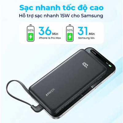 Pin Dự Phòng Anker Zolo 22.5W 10000mAh (Built-In USB-C) - Sạc Nhanh, Tiện Lợi (A110D) Pin Dự Phòng Anker Zolo 22.5W 10000mAh (Built-In USB-C) - Sạc Nhanh, Tiện Lợi (A110D) - Sạc nhanh mọi lúc mọi nơi với Pin Dự Phòng <strong>Anker Zolo</strong> 22.5W 10000mAh A110D tích hợp cáp USB-C tiện lợi. Dung lượng lớn 10000mAh đảm bảo thiết bị của bạn luôn tràn đầy năng lượng, từ điện thoại, máy tính bảng đến các phụ kiện nhỏ khác. Công nghệ sạc nhanh 22.5W giúp rút ngắn thời gian chờ đợi. Thiết kế nhỏ gọn, dễ dàng mang theo, <strong>Anker Zolo</strong> A110D là người bạn đồng hành lý tưởng cho mọi chuyến đi và cuộc sống bận rộn. Trải nghiệm sự tiện ích và hiệu suất vượt trội của <strong>Anker Zolo</strong> ngay hôm nay!