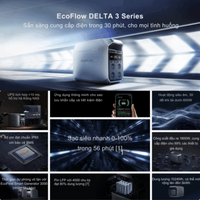 Trạm sạc dự phòng di động EcoFlow Delta 3 (1024Wh 1800W) – Nguồn năng lượng không giới hạn cho mọi chuyến đi Trạm sạc dự phòng di động EcoFlow Delta 3 (1024Wh 1800W) – Nguồn năng lượng không giới hạn cho mọi chuyến đi - Trạm sạc dự phòng di động <strong>EcoFlow Delta 3</strong> là giải pháp năng lượng hoàn hảo cho mọi nhu cầu của bạn, từ cắm trại, dã ngoại đến các công việc cần nguồn điện di động. Với dung lượng 1024Wh và công suất đầu ra 1800W, <strong>EcoFlow Delta 3</strong> cung cấp nguồn điện ổn định cho nhiều thiết bị cùng lúc. Công nghệ sạc X-Stream siêu nhanh giúp bạn sẵn sàng cho mọi hành trình chỉ trong thời gian ngắn. Tận hưởng sự tự do và yên tâm với nguồn năng lượng đáng tin cậy này.