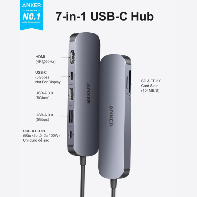 Anker USB C Hub 7in1 A83D2 – Mở rộng kết nối đa năng cho laptop Anker USB C Hub A83D2