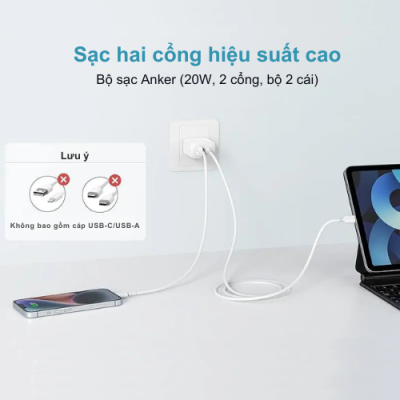 Bộ Củ Sạc B2348 Anker 20W 2 Cổng (1C1A) Kèm Cáp Type-C Dài 1.5m - (PowerIQ™ 3.0, ActiveShield™, MultiProtect™) Củ sạc B2348