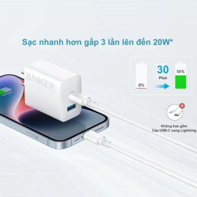 Bộ Củ Sạc B2348 Anker 20W 2 Cổng (1C1A) Kèm Cáp Type-C Dài 1.5m - (PowerIQ™ 3.0, ActiveShield™, MultiProtect™) Củ sạc B2348