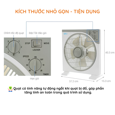 Quạt Hộp AC Comet ABF01A125 – Công Suất 40W, 3 Cấp Độ Gió, Tự Ngắt Khi Đổ Ngã Quạt Hộp AC Comet ABF01A125 – Công Suất 40W, 3 Cấp Độ Gió, Tự Ngắt Khi Đổ Ngã - Quạt hộp AC Comet <strong>ABF01A125</strong> là giải pháp làm mát lý tưởng cho không gian gia đình, đặc biệt là phòng ngủ và bàn học. Với thiết kế nhỏ gọn, hiện đại cùng tông màu trắng xám trang nhã, sản phẩm không chỉ làm mát mà còn tăng thêm tính thẩm mỹ cho căn phòng. Quạt sở hữu công suất 40W mạnh mẽ kết hợp với 5 cánh quạt đường kính 30.5 cm, giúp tạo luồng gió ổn định và êm ái. Điểm nổi bật của model <strong>ABF01A125</strong> chính là tính năng an toàn vượt trội với cơ chế tự ngắt khi bị đổ ngã, cực kỳ phù hợp cho gia đình có trẻ nhỏ hoặc người già. Ngoài ra, chức năng hẹn giờ lên đến 1 tiếng giúp người dùng chủ động hơn trong việc sử dụng điện năng. Lựa chọn Quạt hộp AC Comet <strong>ABF01A125</strong> chính là lựa chọn sự an tâm và tiện nghi cho cuộc sống của bạn.