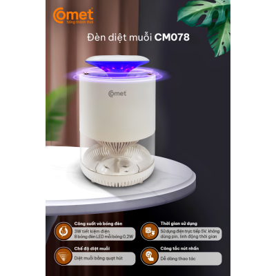 Đèn Diệt Côn Trùng Comet CM078 – Công Suất 3W, Diệt Muỗi Hiệu Quả, An Toàn Tuyệt Đối Đèn Diệt Côn Trùng Comet CM078 – Công Suất 3W, Diệt Muỗi Hiệu Quả, An Toàn Tuyệt Đối - Đèn diệt côn trùng <strong>CM078</strong> đến từ thương hiệu Comet là giải pháp bảo vệ sức khỏe gia đình một cách toàn diện và an toàn. Với thiết kế hiện đại, nhỏ gọn, sản phẩm <strong>CM078</strong> dễ dàng bố trí tại phòng ngủ, phòng khách hay nhà bếp để loại bỏ muỗi và các loại côn trùng gây hại. Đèn hoạt động dựa trên nguyên lý thu hút côn trùng bằng ánh sáng chuyên dụng và tiêu diệt chúng bằng lưới điện công suất 3W, đảm bảo không gây tiếng ồn lớn và cực kỳ tiết kiệm điện năng. Khác với các loại hóa chất xịt muỗi, <strong>CM078</strong> không phát ra mùi độc hại, an toàn tuyệt đối cho trẻ nhỏ và người cao tuổi. Sử dụng nguồn điện 220V phổ biến, đèn diệt côn trùng <strong>CM078</strong> chính là sự đầu tư thông minh để ngăn ngừa các bệnh truyền nhiễm như sốt xuất huyết hay Zika trong không gian sống của bạn.