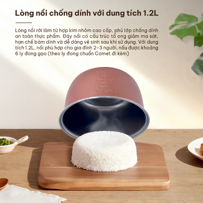 Nồi Cơm Điện Nắp Gài Comet CM8002 -Dung tích 1.2L, Công suất 500W - Chống Dính Đáy , Màu Xanh Bạc Hà Thời Trang Nồi Cơm Điện Nắp Gài Comet CM8002 -Dung tích 1.2L, Công suất 500W - Chống Dính Đáy , Màu Xanh Bạc Hà Thời Trang - Bạn đang tìm kiếm một chiếc nồi cơm điện nhỏ gọn, tiện lợi và tiết kiệm điện năng cho gia đình ít người hay người độc thân? Nồi cơm điện nắp gài Comet <strong>CM8002</strong> chính là sự lựa chọn hoàn hảo dành cho bạn. Sở hữu dung tích 1.2 lít cùng công suất 500W, sản phẩm giúp nấu cơm chín nhanh, đều và giữ trọn hương vị dẻo thơm. Điểm nhấn của <strong>CM8002</strong> nằm ở thiết kế lòng nồi hợp kim nhôm phủ chống dính đen đáy tổ ong cao cấp, kết hợp màu xanh bạc hà thanh lịch. Với cơ chế điều khiển công tắc gạt đơn giản, đèn chỉ thị thông minh và tính năng bảo vệ quá nhiệt an toàn, nồi cơm điện <strong>CM8002</strong> mang lại sự tiện nghi tối đa cho gian bếp nhà bạn.