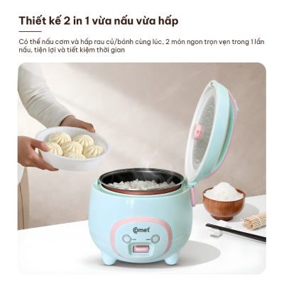 Nồi Cơm Điện Nắp Gài Comet CM8002 -Dung tích 1.2L, Công suất 500W - Chống Dính Đáy , Màu Xanh Bạc Hà Thời Trang Nồi Cơm Điện Nắp Gài Comet CM8002 -Dung tích 1.2L, Công suất 500W - Chống Dính Đáy , Màu Xanh Bạc Hà Thời Trang - Bạn đang tìm kiếm một chiếc nồi cơm điện nhỏ gọn, tiện lợi và tiết kiệm điện năng cho gia đình ít người hay người độc thân? Nồi cơm điện nắp gài Comet <strong>CM8002</strong> chính là sự lựa chọn hoàn hảo dành cho bạn. Sở hữu dung tích 1.2 lít cùng công suất 500W, sản phẩm giúp nấu cơm chín nhanh, đều và giữ trọn hương vị dẻo thơm. Điểm nhấn của <strong>CM8002</strong> nằm ở thiết kế lòng nồi hợp kim nhôm phủ chống dính đen đáy tổ ong cao cấp, kết hợp màu xanh bạc hà thanh lịch. Với cơ chế điều khiển công tắc gạt đơn giản, đèn chỉ thị thông minh và tính năng bảo vệ quá nhiệt an toàn, nồi cơm điện <strong>CM8002</strong> mang lại sự tiện nghi tối đa cho gian bếp nhà bạn.