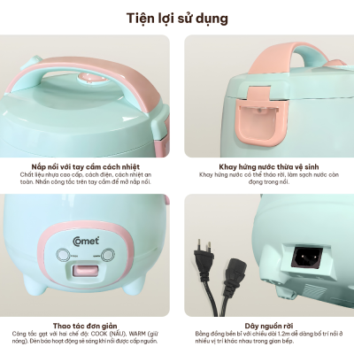 Nồi Cơm Điện Nắp Gài Comet CM8002 -Dung tích 1.2L, Công suất 500W - Chống Dính Đáy , Màu Xanh Bạc Hà Thời Trang Nồi Cơm Điện Nắp Gài Comet CM8002 -Dung tích 1.2L, Công suất 500W - Chống Dính Đáy , Màu Xanh Bạc Hà Thời Trang - Bạn đang tìm kiếm một chiếc nồi cơm điện nhỏ gọn, tiện lợi và tiết kiệm điện năng cho gia đình ít người hay người độc thân? Nồi cơm điện nắp gài Comet <strong>CM8002</strong> chính là sự lựa chọn hoàn hảo dành cho bạn. Sở hữu dung tích 1.2 lít cùng công suất 500W, sản phẩm giúp nấu cơm chín nhanh, đều và giữ trọn hương vị dẻo thơm. Điểm nhấn của <strong>CM8002</strong> nằm ở thiết kế lòng nồi hợp kim nhôm phủ chống dính đen đáy tổ ong cao cấp, kết hợp màu xanh bạc hà thanh lịch. Với cơ chế điều khiển công tắc gạt đơn giản, đèn chỉ thị thông minh và tính năng bảo vệ quá nhiệt an toàn, nồi cơm điện <strong>CM8002</strong> mang lại sự tiện nghi tối đa cho gian bếp nhà bạn.