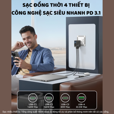 Củ Sạc Nhanh GaN MOKIN GP140B 140W - PD 3.1, 4 Cổng (3C1A), Kèm Cáp C to C Cao Cấp GP140B
