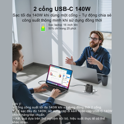 Củ Sạc Nhanh GaN MOKIN GP140B 140W - PD 3.1, 4 Cổng (3C1A), Kèm Cáp C to C Cao Cấp Củ Sạc Nhanh GaN MOKIN GP140B 140W - PD 3.1, 4 Cổng (3C1A), Kèm Cáp C to C Cao Cấp - Củ sạc nhanh MOKIN <strong>GP140B</strong> là giải pháp năng lượng tối thượng và toàn diện nhất dành cho mọi thiết bị công nghệ của bạn. Sở hữu công suất siêu khủng lên đến 140W cùng công nghệ bán dẫn GaN (Gallium Nitride) tiên tiến, củ sạc mang lại hiệu suất truyền tải điện năng đỉnh cao trong một thiết kế vô cùng nhỏ gọn, mát mẻ. MOKIN <strong>GP140B</strong> được trang bị 4 cổng kết nối đa năng (3 cổng USB-C và 1 cổng USB-A) cùng chuẩn sạc nhanh PD 3.1 mới nhất. Điều này cho phép bạn sạc cùng lúc từ MacBook, laptop, máy tính bảng cho đến smartphone một cách an toàn và cực kỳ nhanh chóng. Đặc biệt, sản phẩm được tặng kèm cáp sạc USB-C to USB-C chất lượng cao. Đây chắc chắn là trạm sạc duy nhất bạn cần mang theo cho mọi chuyến đi.