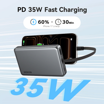 Pin Sạc Dự Phòng MOKIN MOPB0603 10000mAh - Sạc Nhanh Siêu Tốc PD 35W, PPS, Siêu Nhỏ Gọn 193g, Màn Hình LED Pin Sạc Dự Phòng MOKIN MOPB0603 10000mAh - Sạc Nhanh Siêu Tốc PD 35W, PPS, Siêu Nhỏ Gọn 193g, Màn Hình LED - Pin sạc dự phòng MOKIN <strong>MOPB0603</strong> là biểu tượng của sự nhỏ gọn và mạnh mẽ trong thế giới phụ kiện công nghệ. Sở hữu dung lượng tiêu chuẩn 10.000mAh, nhưng thiết bị lại gây kinh ngạc với trọng lượng siêu nhẹ chỉ 193g cùng kích thước vô cùng nhỏ gọn, dễ dàng nằm gọn trong lòng bàn tay hay túi quần của bạn. Điểm nổi bật nhất của model <strong>MOPB0603</strong> là khả năng sạc nhanh hai chiều cực đỉnh với công suất tối đa lên đến 35W (hỗ trợ PD Fast Charging & PPS), giúp sạc thần tốc cho iPhone, điện thoại Samsung và cả máy tính bảng. Sản phẩm được trang bị màn hình LED kỹ thuật số thông minh hiển thị phần trăm pin trực quan. Với đầy đủ các chứng nhận an toàn quốc tế (CE, FCC, RoHS...), sạc dự phòng MOKIN mang đến nguồn năng lượng bền bỉ, an toàn mọi lúc mọi nơi.