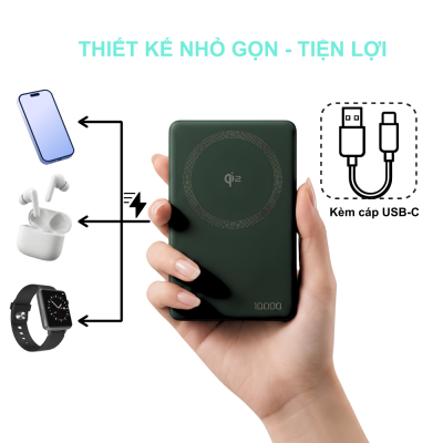 Pin Sạc Dự Phòng Không Dây MOKIN MOPB0608 -10000mAh - Sạc Nhanh Qi2 15W, PD 35W, Kèm Cáp Type-C, Màn Hình LED MOPB0608