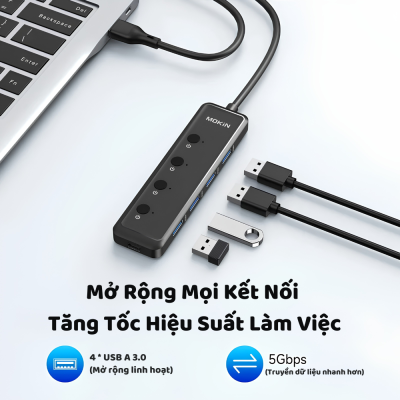 HUB Mở Rộng Đa Năng 5-in-1 MOKIN MOUC5708 - Hợp Kim Nhôm Cao Cấp, Tốc Độ 5Gbps HUB Mở Rộng Đa Năng 5-in-1 MOKIN MOUC5708 - Hợp Kim Nhôm Cao Cấp, Tốc Độ 5Gbps - HUB mở rộng đa năng 5-in-1 MOKIN <strong>MOUC5708</strong> là giải pháp hoàn hảo để giải quyết tình trạng thiếu hụt cổng kết nối trên máy tính bàn và laptop của bạn. Được chế tác tỉ mỉ từ hợp kim nhôm nguyên khối (Premium aluminum alloy), sản phẩm không chỉ mang lại vẻ ngoài sang trọng, tản nhiệt tốt mà còn chống gập gãy vô cùng bền bỉ. Bộ chia <strong>MOUC5708</strong> sử dụng đầu vào USB-A 3.0, giúp mở rộng ra 5 cổng kết nối chuẩn USB-A, hỗ trợ tốc độ truyền tải dữ liệu siêu tốc lên đến 5Gbps. Bạn có thể dễ dàng kết nối cùng lúc chuột, bàn phím, máy in, ổ cứng ngoài mà không lo giật lag. Hỗ trợ đa nền tảng (Windows, macOS, Linux, Smart TV), đây là phụ kiện công nghệ không thể thiếu để tối ưu hóa không gian làm việc của bạn