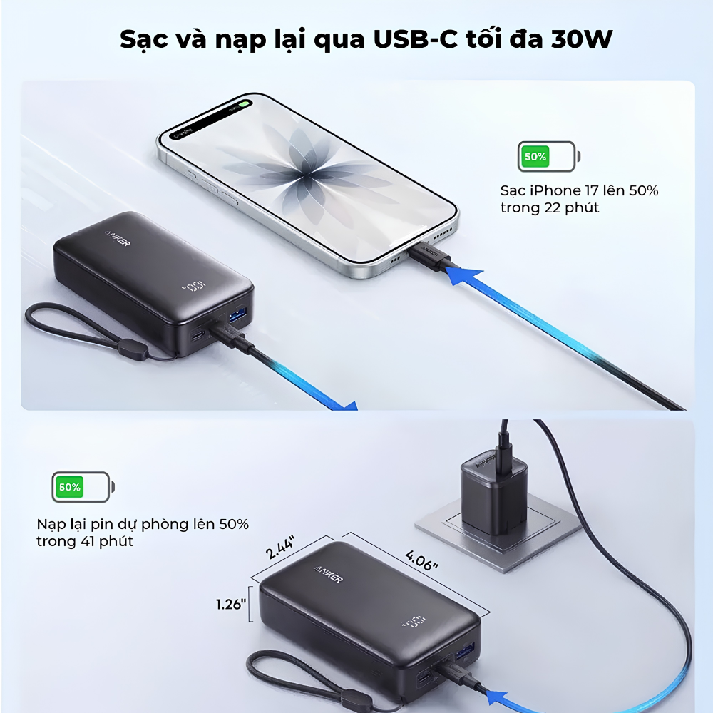 Pin Dự Phòng Anker A110J Zolo 2C1A 10000mAh 30W - Sạc Nhanh PD, Thiết Kế Nhỏ Gọn, 3 Cổng Sạc Tiện Lợi Pin Dự Phòng Anker A110J Zolo 2C1A 10000mAh 30W - Sạc Nhanh PD, Thiết Kế Nhỏ Gọn, 3 Cổng Sạc Tiện Lợi - Ảnh 3