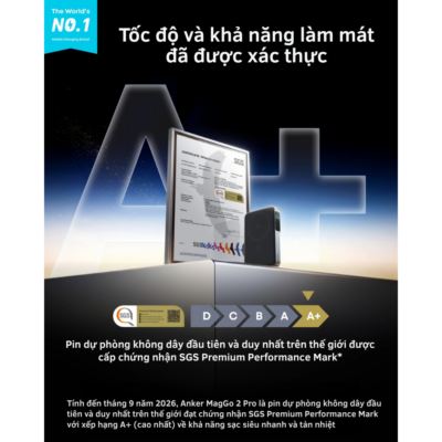 Sạc Dự Phòng Không Dây Anker MagGo 2 Pro A110R - 10000mAh - Qi2.2 - 25W -USB-C PD 45W - Quạt SnapCool - <strong>Anker MagGo Power Bank 2 Pro A110R</strong> là pin sạc dự phòng Polymer 10.000mAh cao cấp, nổi bật với sạc không dây Magnetic chuẩn Qi2.2 công suất lên đến 25W và sạc có dây USB-C Power Delivery tối đa 45W. <strong>A110R</strong> được trang bị hệ thống làm mát chủ động bằng quạt kết hợp công nghệ SnapCool và tản nhiệt Graphene 3 lớp, giúp kiểm soát nhiệt độ trong quá trình sạc. Sản phẩm còn có màn hình màu thông minh hiển thị dung lượng pin, công suất đầu ra và chế độ quạt. Với thiết kế nhỏ gọn 220g, <strong>A110R</strong> là lựa chọn tiện lợi cho người dùng smartphone, máy tính bảng và các thiết bị USB-C khi đi làm, du lịch hoặc công tác.