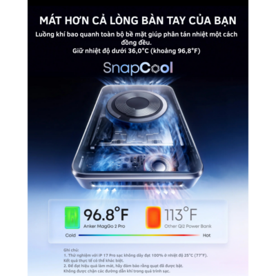 Sạc Dự Phòng Không Dây Anker MagGo 2 Pro A110R - 10000mAh - Qi2.2 - 25W -USB-C PD 45W - Quạt SnapCool - <strong>Anker MagGo Power Bank 2 Pro A110R</strong> là pin sạc dự phòng Polymer 10.000mAh cao cấp, nổi bật với sạc không dây Magnetic chuẩn Qi2.2 công suất lên đến 25W và sạc có dây USB-C Power Delivery tối đa 45W. <strong>A110R</strong> được trang bị hệ thống làm mát chủ động bằng quạt kết hợp công nghệ SnapCool và tản nhiệt Graphene 3 lớp, giúp kiểm soát nhiệt độ trong quá trình sạc. Sản phẩm còn có màn hình màu thông minh hiển thị dung lượng pin, công suất đầu ra và chế độ quạt. Với thiết kế nhỏ gọn 220g, <strong>A110R</strong> là lựa chọn tiện lợi cho người dùng smartphone, máy tính bảng và các thiết bị USB-C khi đi làm, du lịch hoặc công tác.
