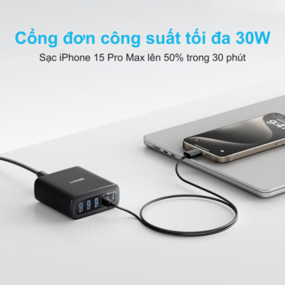 Bộ Sạc Anker 112W 6 Cổng (A2154) - Sạc Nhanh USB-C & USB-A, Chân Cắm 3 Chấu SG - Hàng Chính Hãng - <strong>Bộ sạc Anker</strong> 112W 6 Cổng (Mã A2154) là giải pháp cung cấp năng lượng toàn diện cho mọi tín đồ công nghệ. Với tổng công suất mạnh mẽ lên đến 112W, thiết bị này cho phép bạn sạc đồng thời 6 thiết bị từ điện thoại, máy tính bảng cho đến các dòng laptop văn phòng một cách nhanh chóng và an toàn nhất. Được trang bị chân cắm 3 chấu chuẩn SG (Singapore) vô cùng chắc chắn, sản phẩm đảm bảo sự ổn định tuyệt đối khi kết nối với nguồn điện tại Việt Nam. Sự kết hợp giữa các cổng USB-C và USB-A cùng công nghệ sạc thông minh giúp <strong>Bộ sạc Anker</strong> trở thành phụ kiện không thể thiếu trên bàn làm việc, giúp không gian của bạn trở nên gọn gàng, chuyên nghiệp và luôn tràn đầy năng lượng.
